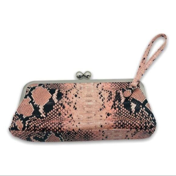 Embossed Snakeskin Faux Leather Clutch Set Pink Card Holder Key Fob Set of 3 - Picture 10 of 13